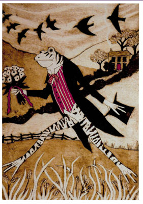 Stylized frog in a black coat and red-striped shirt holding flowers, walking with birds overhead.