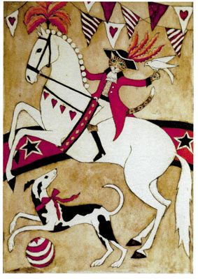 Illustration of a cat in a red jacket and hat with feathers riding a white horse with hearts and stars.