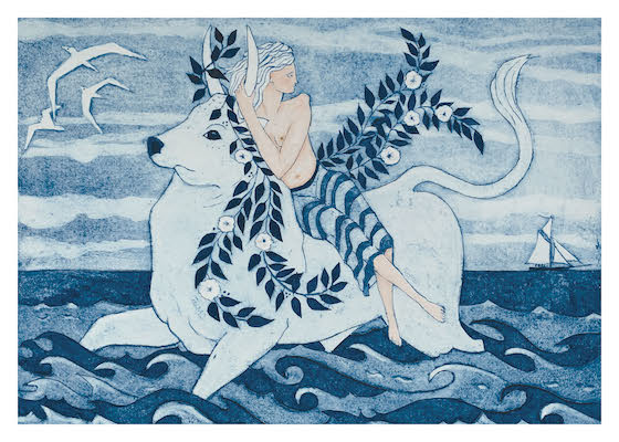 Artistic illustration of a winged woman with floral leaves riding a large white cat by the sea with seagulls and a boat.