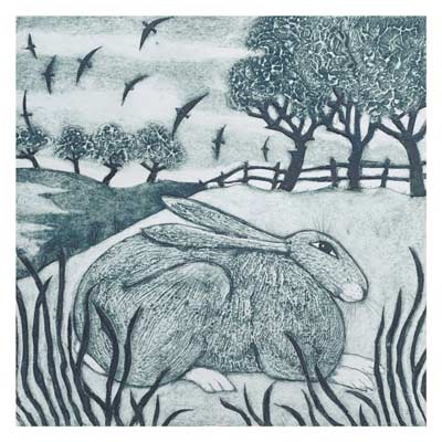 Illustration of a large rabbit resting in grass with trees and birds flying in the background.