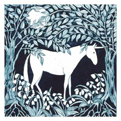 White unicorn with a horn standing in a dark forest surrounded by leaves and plants.