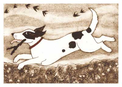 Illustration of a playful dog running with a stick in its mouth across a grassy field under a sky with birds.