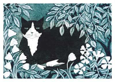 Black and white cat lying among leafy plants and flowers in a stylized illustration.