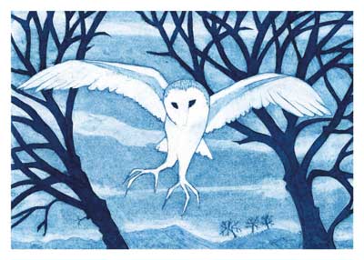 White owl with wings spread flying between dark tree branches against a blue twilight sky.
