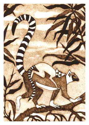 Illustration of a lemur with a striped tail walking on a branch among stylized tree branches.